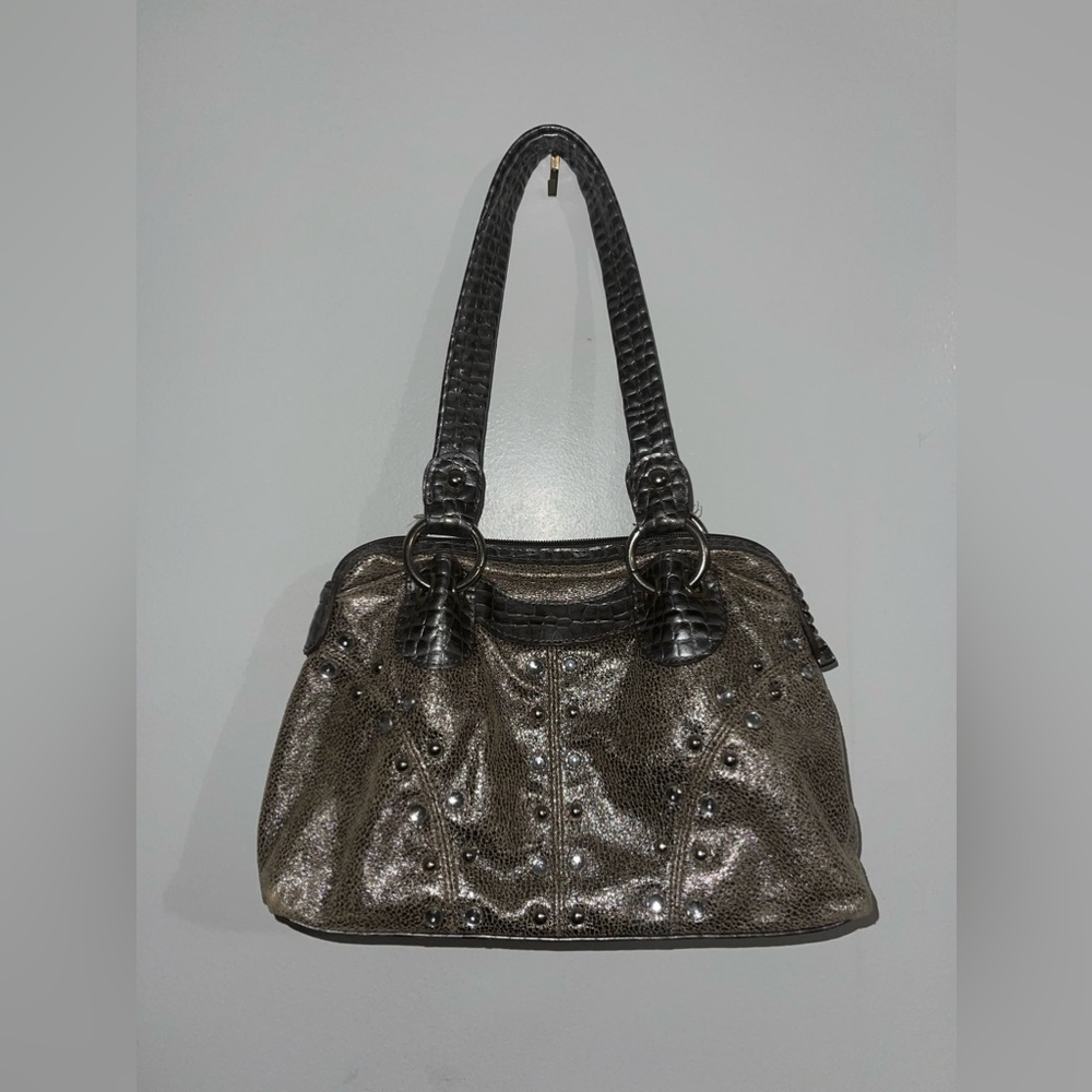 💙MAKE OFFER💙  Vintage Y2k Handbag tan suede with gray faux crocodile